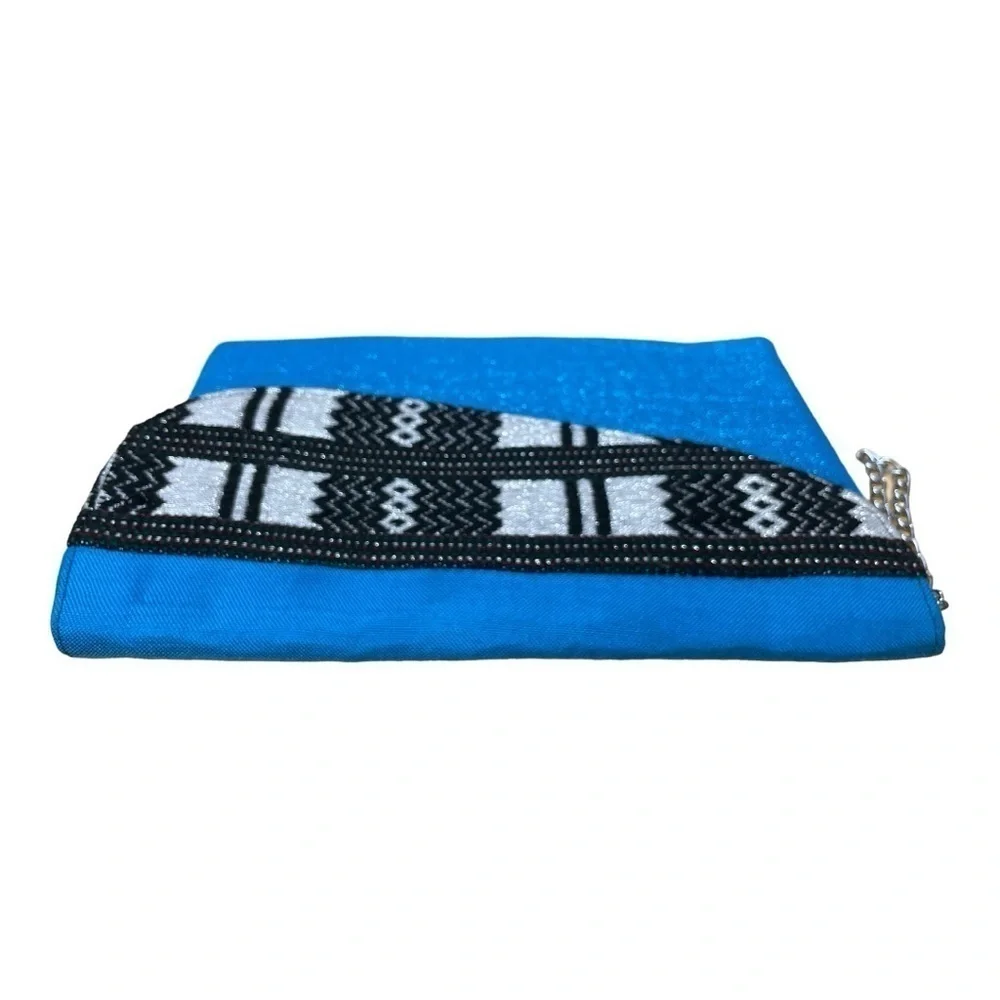 Blue Envelope Clutch Purse Black & Silver Geometric Pattern Fabric Wristlet